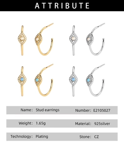 Detailed spec sheet for S925 sterling silver evil eye stud earrings with blue opal and CZ stone
