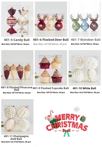 Detail view of champagne gold and red flocked Christmas ornaments with glitter patterns