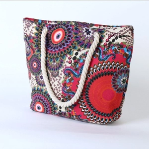 Ethnic bohemian canvas tote bag with mandala print and soft cotton rope handles