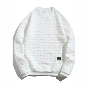 Men's white slim-fit waffle knit long sleeve crewneck shirt with textured grid pattern