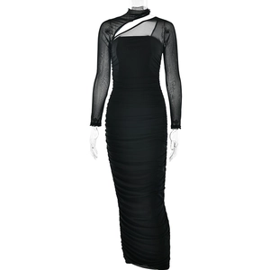 Elegant black mesh long sleeve bodycon maxi dress with ruching and backless detail