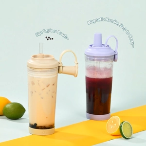 Tritan boba cup with magnetic handle and wide straw for bubble tea in beige and purple