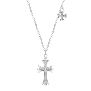 Luxurious S925 sterling silver cross necklace with shimmering zircon stones on white background