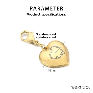Detailed view of 16mm gold plated stainless steel heart charm with lobster clasp