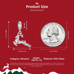 S925 sterling silver Christmas reindeer charm size comparison with a quarter coin