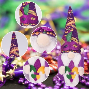 Detail of Mardi Gras gnome doll featuring green sequins and purple plush textures