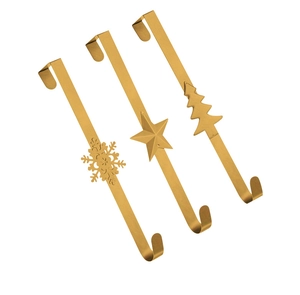 Three gold metal Christmas hooks featuring snowflake, star, and tree festive designs