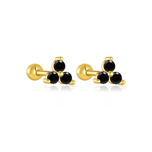 Detail showing gold s925 silver stud earrings with three black zircons and ball back