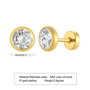Minimalist gold titanium steel stud earrings with 8mm AAA cubic zirconia inlay
