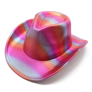 Detailed top view of rainbow metallic cowboy hat with shimmering gradient finish and wide brim