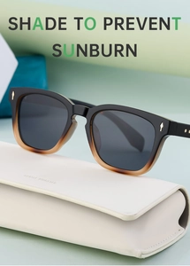 Detail of polarized sunglasses with V-shaped metal hinges on a premium leather case