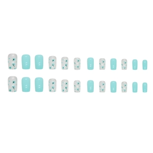 Short square press-on nails set featuring light blue and white floral glitter patterns