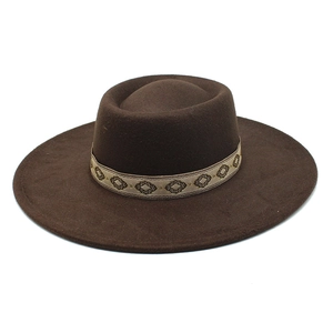 Classic dark brown wide brim wool fedora with vintage ethnic embroidered ribbon