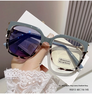 Detailed macro view of square two-tone frames with photochromic blue light lenses