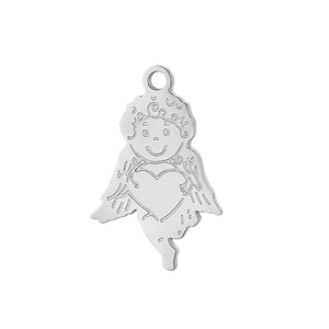 Macro view of a silver stainless steel cupid pendant holding a heart on white background