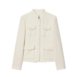 Women Elegant Tweed Jacket Stand Collar Long Sleeve Boucle Cardigan With Four Pockets Solid Milk White Outerwear