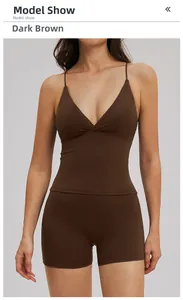 Burnt Coffee yoga set detail featuring V-neck sports bra and high-waist tight shorts