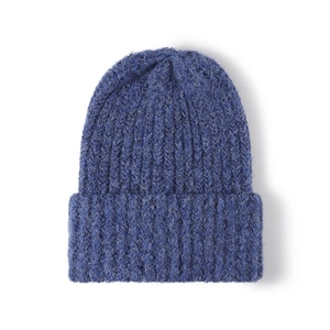 Thick heather blue knitted beanie hat with wide cuff for unisex outdoor warmth