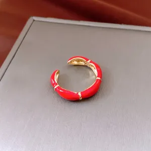 Luxury 14K gold plated oval open ring with red enamel bamboo texture for women