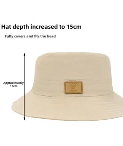 Detail showing the 15cm deep crown measurement and wide brim of the khaki sun hat