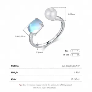 Elegant S925 sterling silver open ring with 6mm pearl and oval moonstone for women