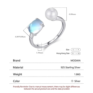 Elegant S925 sterling silver open ring with 6mm pearl and oval moonstone for women