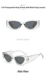 Detail view of transparent grey thick-frame cat-eye sunglasses from front and side angles