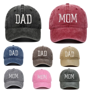 Washed cotton baseball caps featuring DAD and MOM embroidery in eight vintage colors