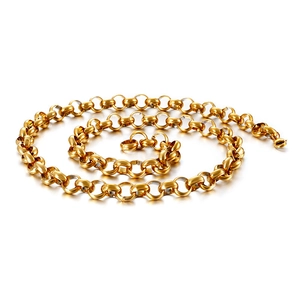 Polished gold stainless steel O-chain necklace in a spiral layout on white background