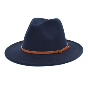Classic dark blue wool fedora hat with brown leather belt and gold metal buckle detail