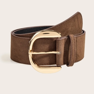 Vintage brown wide waist belt for women with polished gold D-ring buckle and suede texture