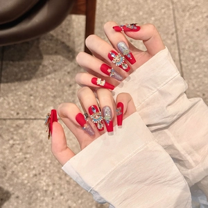Handmade Chinese Wedding Style Red Press On Nails Extra Long Coffin Shape With 3D Phoenix Artificial Pearl Rhinestone Luxury Fake Nails