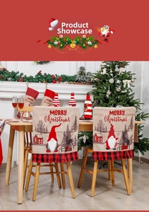 Detail of burlap Christmas chair cover with Merry Christmas print and reindeer