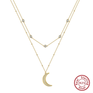 Double-layered 925 sterling silver moon pendant necklace with 14K gold plating and zircons
