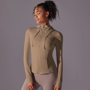 Detail of khaki slim-fit hooded sports jacket with thumbhole cuffs and hidden zip pockets