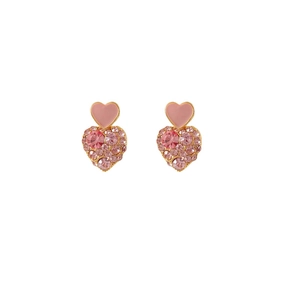 Pink heart-shaped double drop earrings with gold plating and sparkling crystals