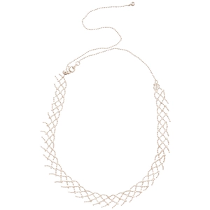 Minimalist silver woven mesh necklace featuring lace-style hollow metal design and bead chain