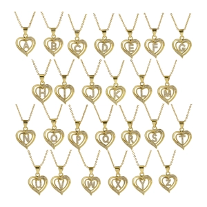 Set of 26 18k gold heart pendant necklaces with shimmering A-Z alphabet diamond pavé
