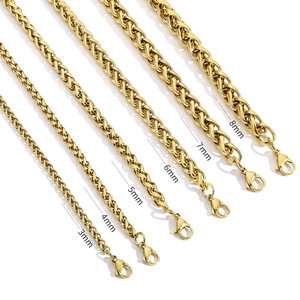 Detail showing various widths of gold stainless steel chains from 3mm to 8mm size options
