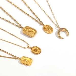 Five 18k gold plated stainless steel necklaces featuring celestial sun and moon pendants