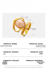 Detail view of pink oval stone ring with 1.8cm diameter and 4g weight specifications