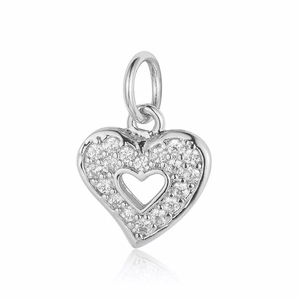 Detailed view of a silver heart pendant with shimmering micro-paved cubic zirconia stones