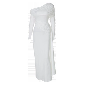 Detail of white one-shoulder maxi dress featuring elegant side drape and ruched texture