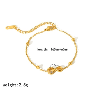 Detail of 18k gold plated stainless steel infinity bracelet with zircon and size specs