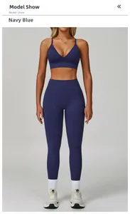 Detail of navy blue seamless yoga bra with dual straps and high waist leggings on model