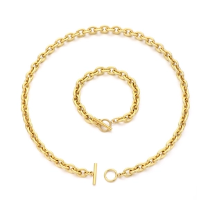 Golden stainless steel OT buckle jewelry set with minimalist O-chain necklace and bracelet