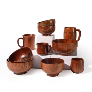 Nordic solid wood tableware set featuring vintage beer mugs and bowls on white stands