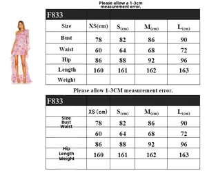 Size guide table for floral one-shoulder swallowtail dress with body measurements in cm