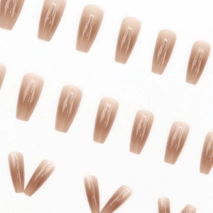 Brown ombre gradient long coffin press-on nails with a high-gloss finish, 24 pieces set