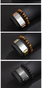 Detailed macro view of tiger eye and onyx beads with engraved prayer magnetic bracelets